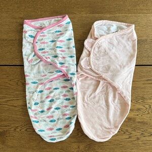 2 - Size Large Baby SwaddleMe Velcro Swaddles - Pink Feather Print & Solid Pink